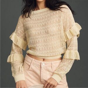 Anthropologie | Sheer Open Stitch Ruffle Pullover Sweater